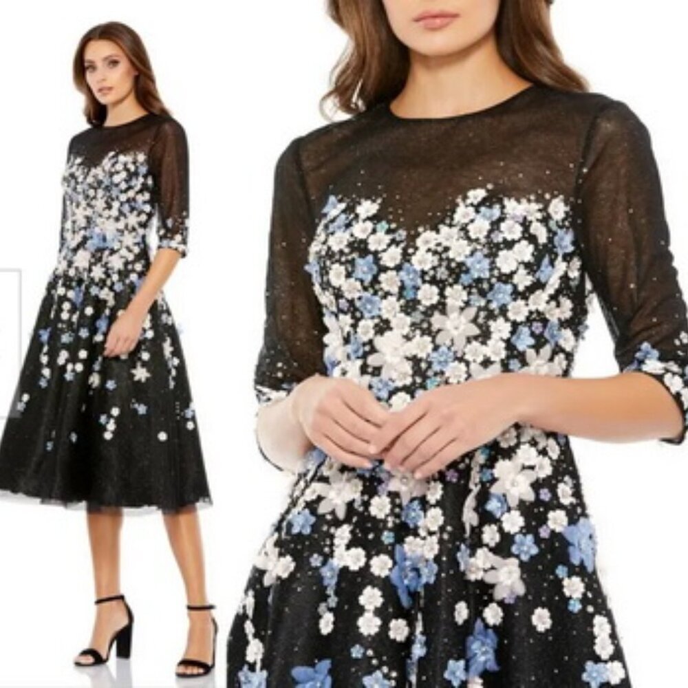 Mac Duggal Black Multi Floral Appliqué Midi Cocktail Dress